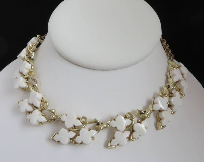 Vintage White Necklace - Thermoset Gold Tone Choker Necklace, Leafy Necklace, Gift for Her