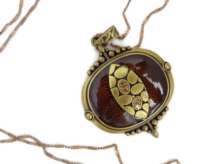 Brown Amulet Pendant - Vintage Antiqued Gold Tone Rhinestone Studded Pendant, Gold Filled Chain Necklace, Gift Idea, Gift Box