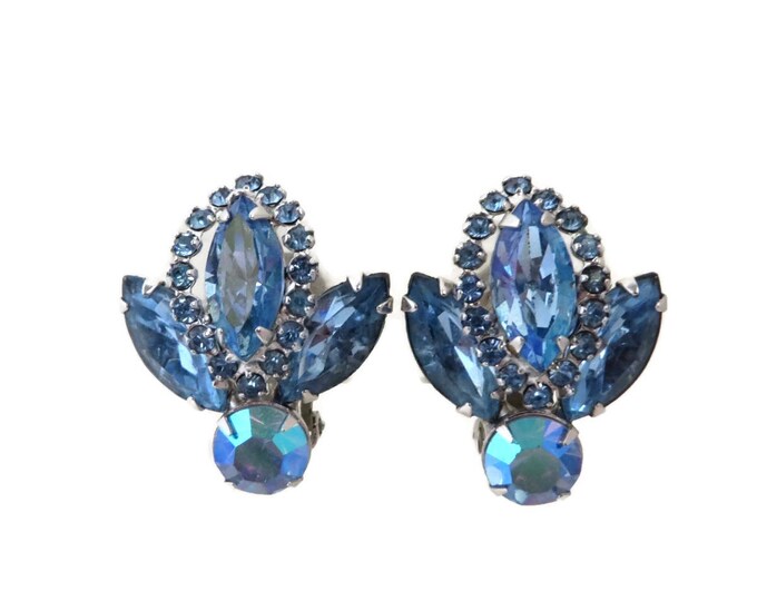 Blue Rhinestone Earrings - Vintage Jewellery, Silver Tone Clip-ons, Bridal Earrings, Signed Weiss Jewelry, Gift for Her, Gift Boxed