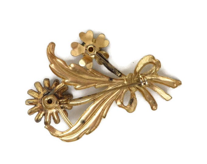 Rhinestone Bouquet Brooch - Vintage Green White Rhinestone Gold Tone Floral Pin, Gift for Her, Gift Boxed