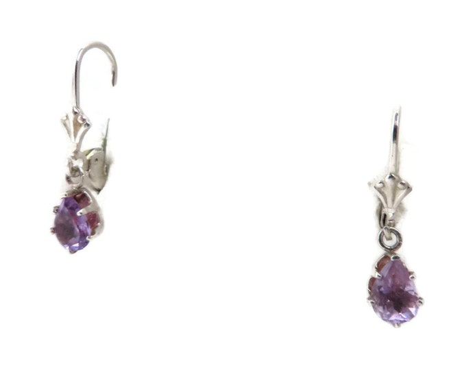 Sterling Silver Faux Amethyst Earrings, Vintage Pierced Leverback Dangling Earrings