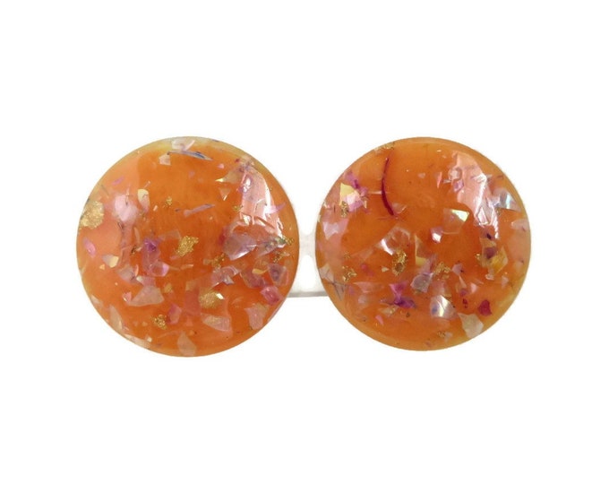Orange Lucite Earrings, Vintage Confetti Earrings, Mid Century Button Clip on Earrings, Party Jewelry