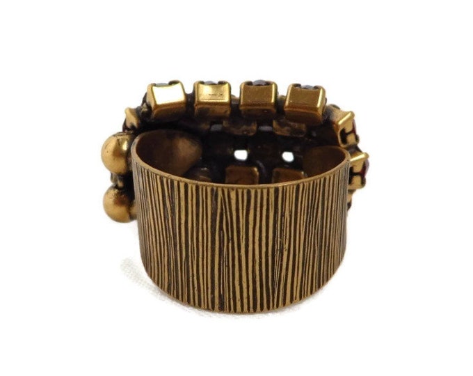 Rhinestone Ring, Vintage Ruby Rhinestone Ring, Gold Tone Wide Band Multi Stone Cocktail Ring, Adjustable Ring