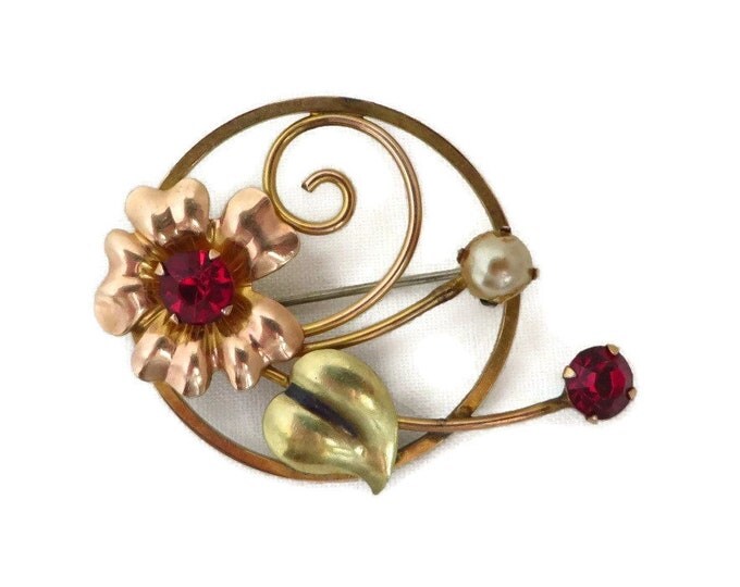 Circle Pin, Vintage Gold Filled Designer Brooch, BAL-RON 1/20 12K GF Circle Pin, Red Rhinestone Flower Brooch, Gift for Her Circle Pin, Vintage Gold Filled Designer Brooch, BAL-RON 1/20 12K GF Circle Pin, Red Rhinestone Flower Brooch, Gift for Her