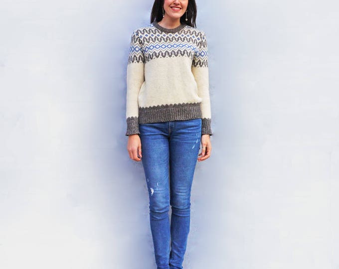 Slouchy Sweater Women, Fair Isle Sweater, Vintage Wool Sweater, Nordic Sweater, Icelandic Sweater, Ski Sweater, Cream Wool Sweater, 1970s