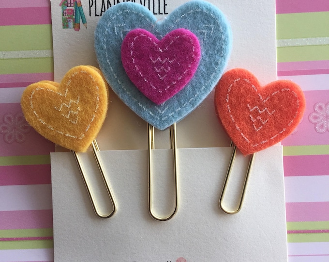 Three Jumbo Gold Planner Clips. Gold Book Markers. Felt Planner Clips. Heart Book Marks