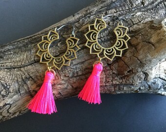 Bright pink tassel and brass earrings with titanium earring wires