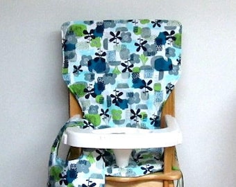 eddie bauer cotton high chair cushion, chair pad, kids feeding chair, child accessory, replacement cover, art deco flowerswith matching bib