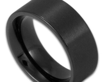 FLASH SALE 8MM Wide Matte Black Stainless Steel Ring Men's Pipe Cut Wedding Band Custom Engraved Gothic Promise Ring