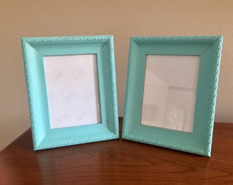 2 5x7 picture frames, robins egg blue, lightly distressed, table top or wall frames