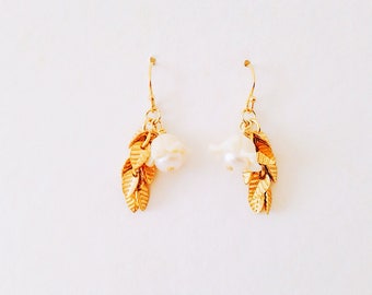 14 k gold filled earrings bells flower Freshwater Pearl small leaf
