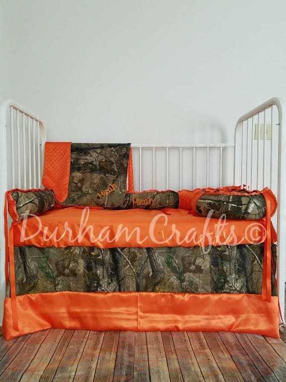 Camo and Orange Embroidered Baby Bed Set with blanket