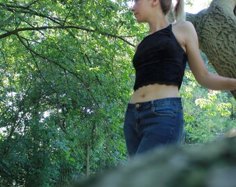 Black basic velours crop top, Black vintage soft bra, velours bralette