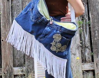 Handmade. Denim/jeans/fringe/handbag/shoulder bag/purse. Boho/hipppie/country girl.