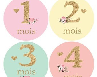 Autocollants FRANÇAIS pour la croissance de bébé, Stickers filles, fleurs, brillant, cadeau de shower, nouveau-né, rose or brillant F137