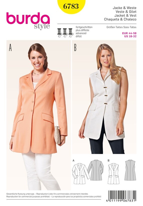 Burda Style 6783 Misses' Style Jackets and Vest