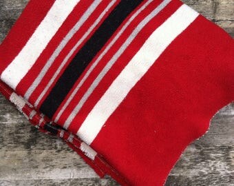1950s Camp Blanket wool cotton blend stripe striped red black white gray four five point camping 50s midcentury 40s 1940s rustic cabin worn