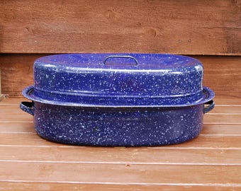 Enamel Roaster Pot, Vintage Enamelware Roasting Pan, Navy Blue Speckled Roaster, Turkey Roaster