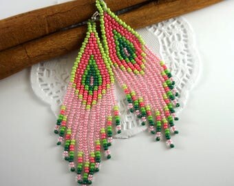 Boho earrings Chandelier earrings Bohemian earrings Long earrings Dangle earrings Statement earrings Pink earrings Greenery modern earrings