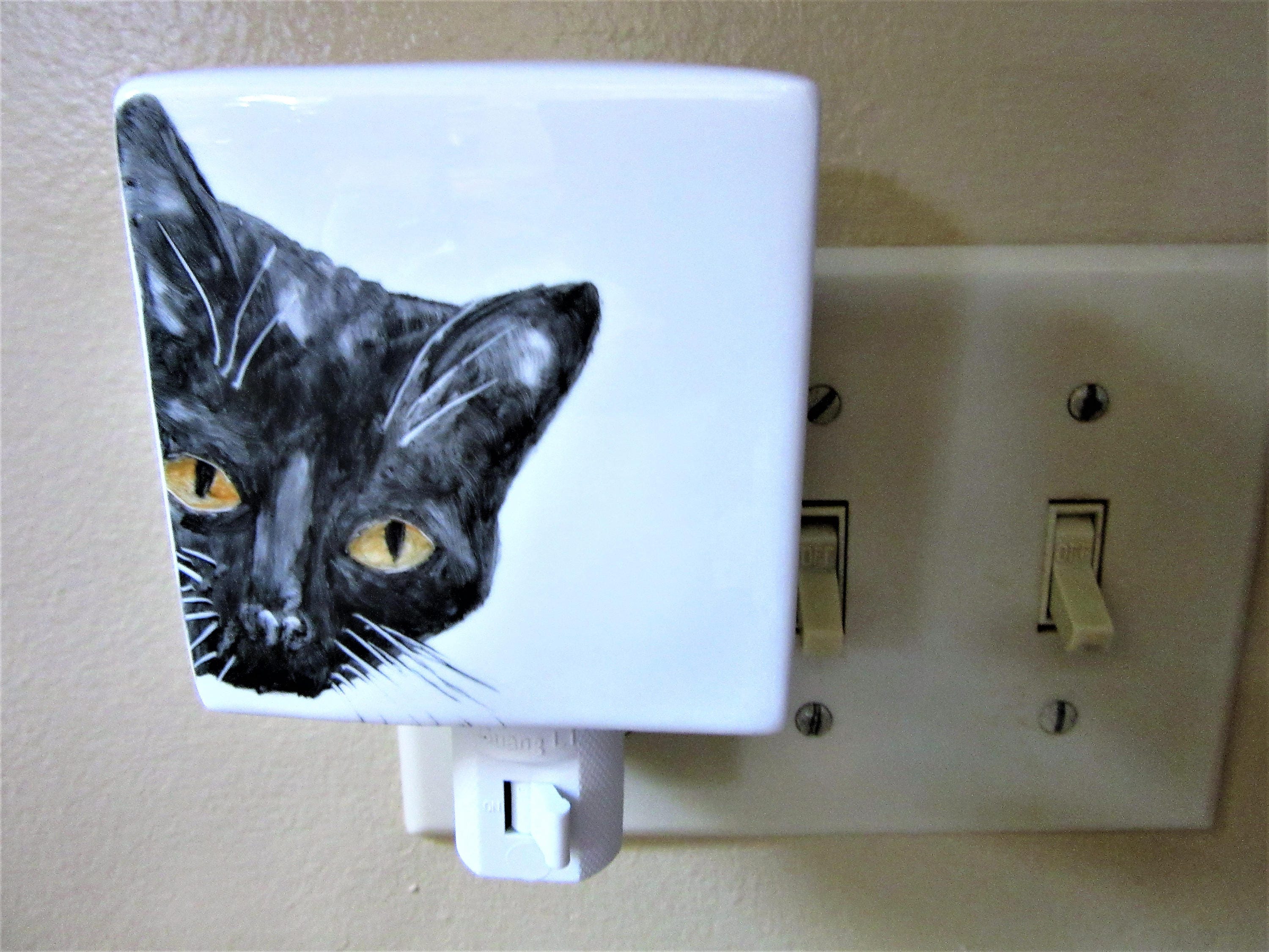 Night Light Plug in Black Cat Porcelain Ceramic Hand Painted