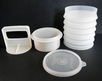 Vintage Tupperware Hamburger Press & 6 Keepers - sheer, white - 1960s - patties, burgers, freezer keepers, camping, summer cookout, boating