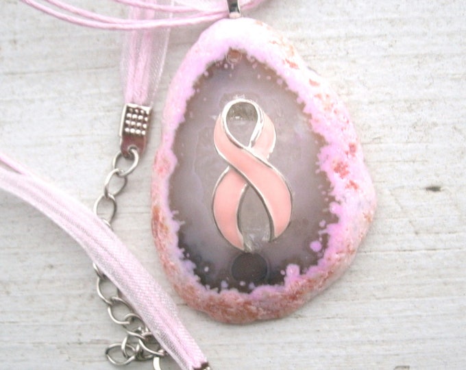 Awareness Ribbon Agate Pendant necklace, , Pink Ribbon, polished agate, pink color enhanced edges, handmade design, breast cancer awareness