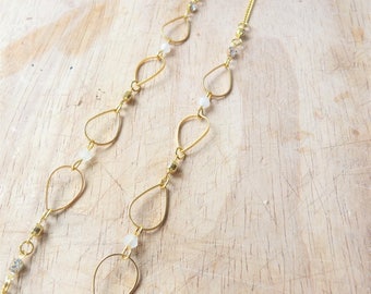 Gold Bohemian headband / drops, white pearls and rhinestones