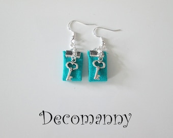 Earrings in turquoise linen and key charms