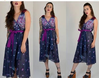 SALE Flower Fields | Small | 1970s Boho Layered Sheer Dress 70s Floral Wrap Dress Vintage Summer Sundress