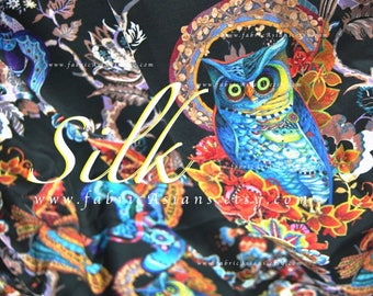 Owl fabric exotic fabric by the yard Black silk crepe - seide stoff kaufen