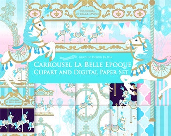 20% off Carousel / Blue Carousel / Carrousel La Belle Epoque Clip Art + Digital Paper Set - Instant Download