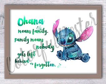 Stitch Ohana poster Disney Stitch watercolor print Disney wall decor Baby shower gift Child room decor Gift idea Lilo and Stitch poster V185