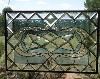 stained glass window hanging"BEVELED BLUES" clear & gluechip beveled glass, stained glass suncatcher, beveled glass, suncatcher