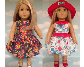 18 inch Girl Doll Clothing, handmade to fit like American Girl Doll clothes (Dress blue w/ flowers or blue/red d-9ab