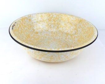Vintage Spatterware Bowl, Enamelware Bowls, Camping Equipment, Vintage Camping, Enamel Plates, Graniteware, Yellow Spatter Ware