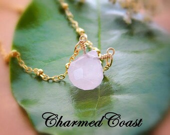 Heart Chakra Crystal - Tiny Rose Quartz Necklace - Teardrop Raw Gemstone - Pink Stone Necklace - Minimalist Necklace - Gift for mom