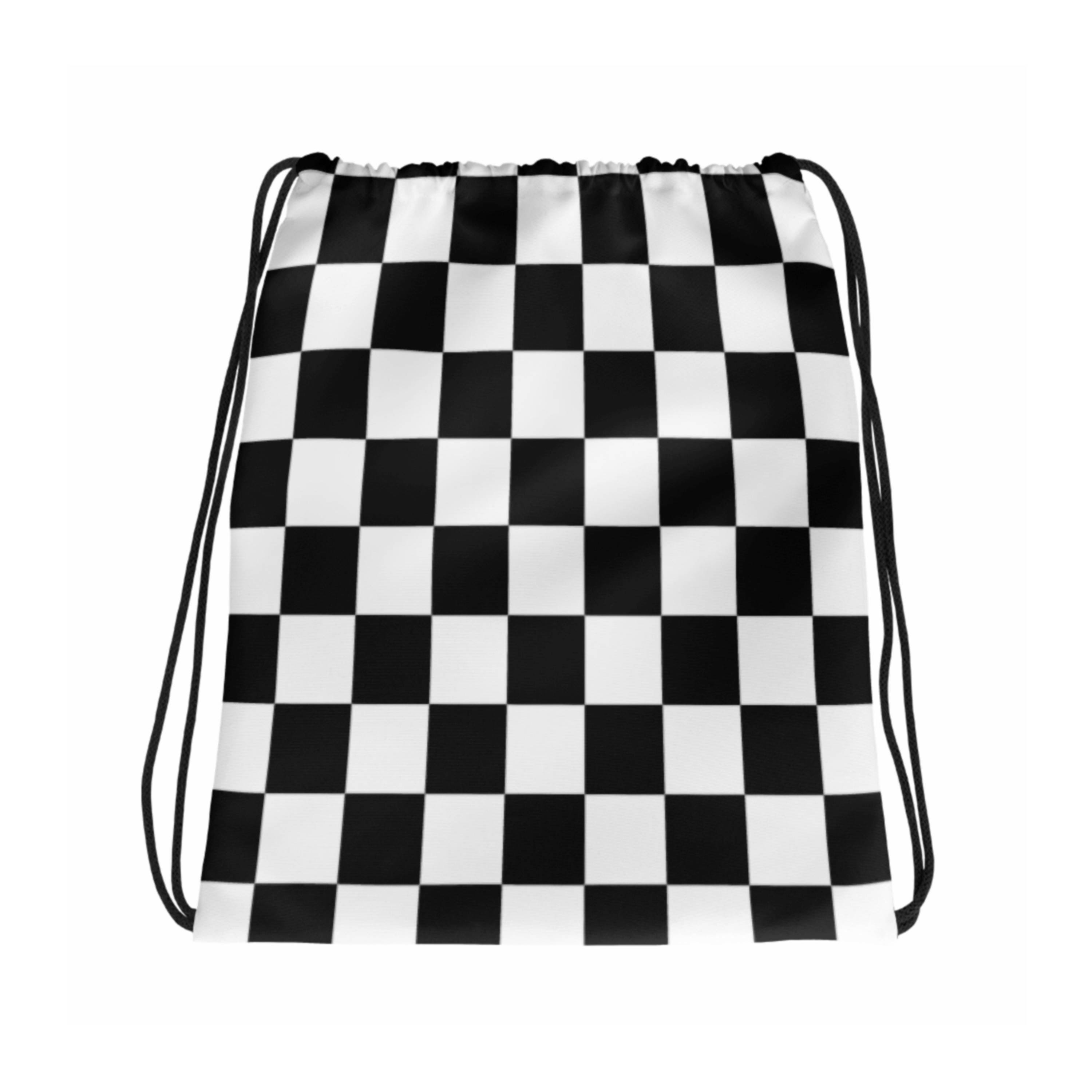 Black and White Checkered Print Drawstring Bag / Backpack