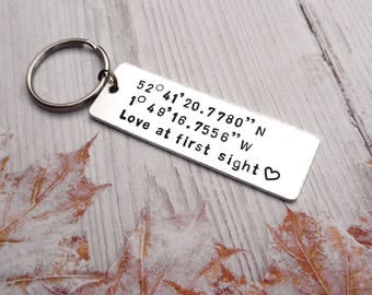 Custom Coordinate Keychain, GPS Coordinates Gift, Personalised Key Ring, Love at First Sight, Hand Stamped, Romantic Gift, Anniversary Gift