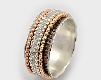 CZ Fidget Ring, Cz rotatable ring, Tri color spinner, Multi color ring, Silver and gold Spin Ring, Meditation Ring, gift for her,