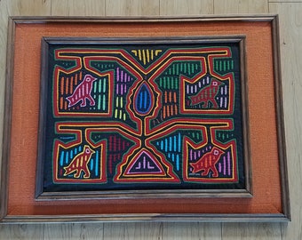 Vintage Hand Stitched Mola Framed with Burlap Edges and Wooden Frame from Panama 24 x 17