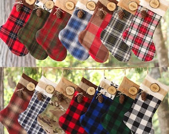 Family Christmas Stocking Personalized Country Christmas Wood Slice Name Tag Rustic Woodland Christmas Plaid Flannel Christmas Stocking