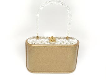 Gold Fleck Lucite Purse Bridal - 50s Lucite Bag Glitter Bling - Weisner Miami Lucite Bag - Gold Specks Lucite Bag - Excellent Condition Bag