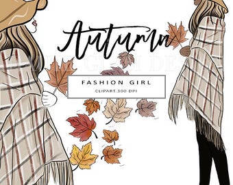Autumn Fashion Clipart, Fall Fashion Girls, Fashion Illustration, Autumn Leaves Clipart, Hand Drawn, 5 Individual PNG Designs, 300 DPI