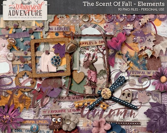 Scent Of Fall Digital Scrapbook Embellishments, Instant Download, Autumn Fall Leaves Clip Art, Woodland Elements, Cork Style, Paint, Wordart