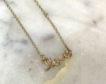 Gold Love Necklace, Love Script Necklace, Love Charm Necklace, Love Gold Necklace, Dainty Love Necklace, Simple Love Necklace, Love Necklace