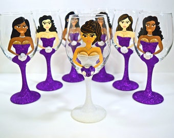 Bridesmaid Wine Glasses, Character Wine Glass, Bridesmaid Gifts, Wedding Wine Glasses, Bridesmaids Wine Glass, Hand Painted Wine Glasses