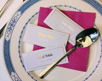 TEN (10) PACK Folded Wedding Place Cards Gold, Rose Gold OR Silver Foil - Name tag, place settings, custom, modern