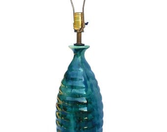 Mid Century Modern Blue Green Teal Drip Glaze Ceramic Lamp