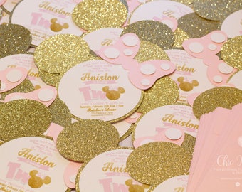 Minnie Mouse Invitation, Gold and Pink, Glitter Gold