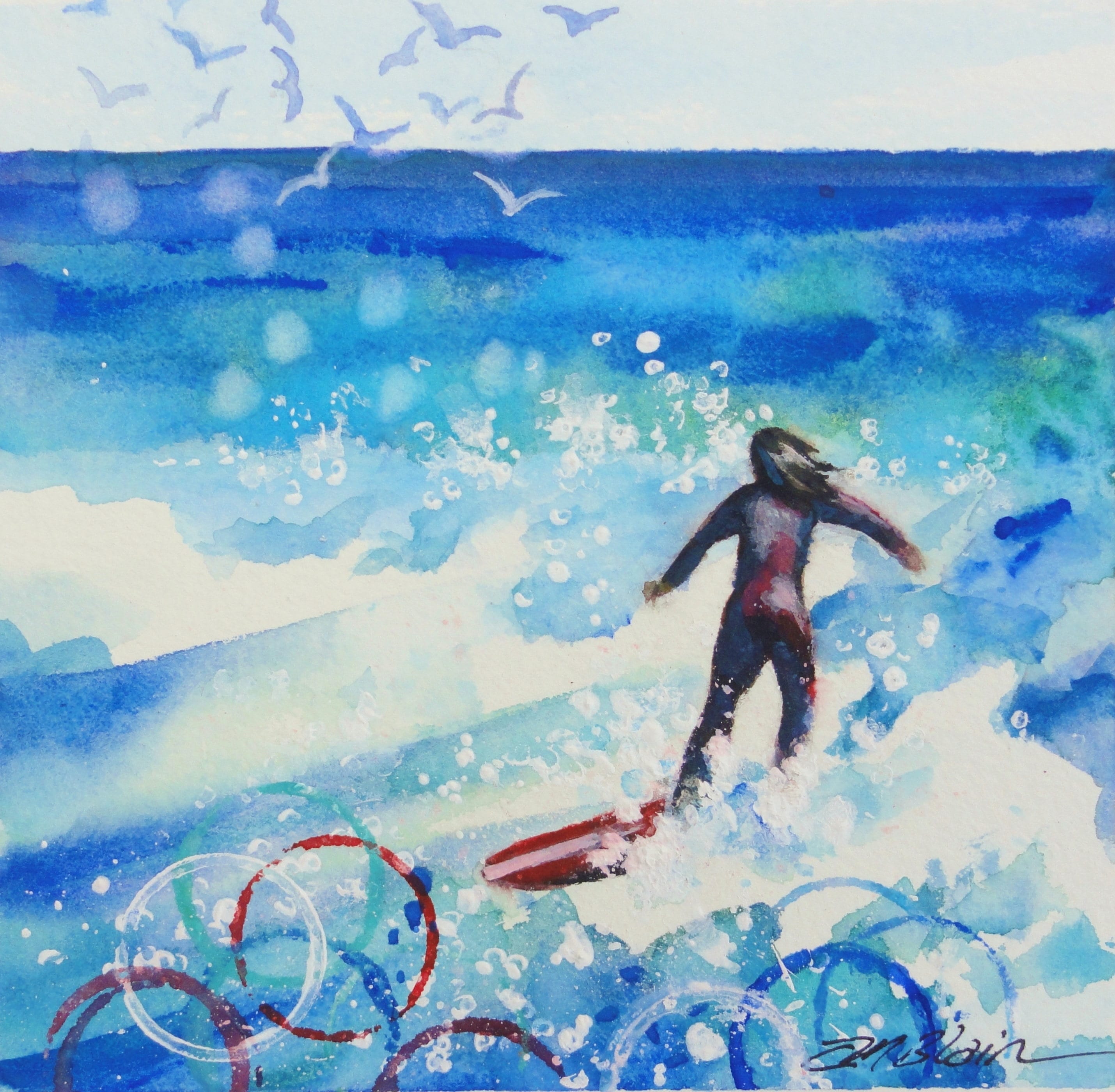 surfer girl painting orginal watercolor beach art beach